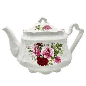 Arthur Wood England Teapot w Lid White w Pink Red Rose Floral Design Gold Trim